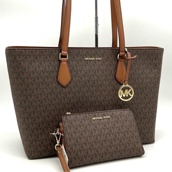 Michael Kors Bag Large Sheila Mf Tote Bag & Large Double Zip Wallet Brown/Gold - Picture 1 of 14